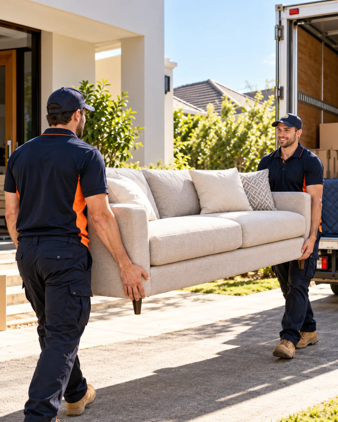 Professional removalists carrying a sofa during a house move