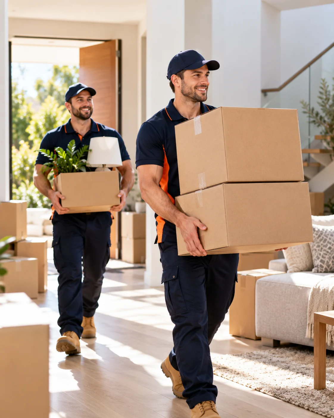 Professional removalists carrying packed boxes through a home on moving day