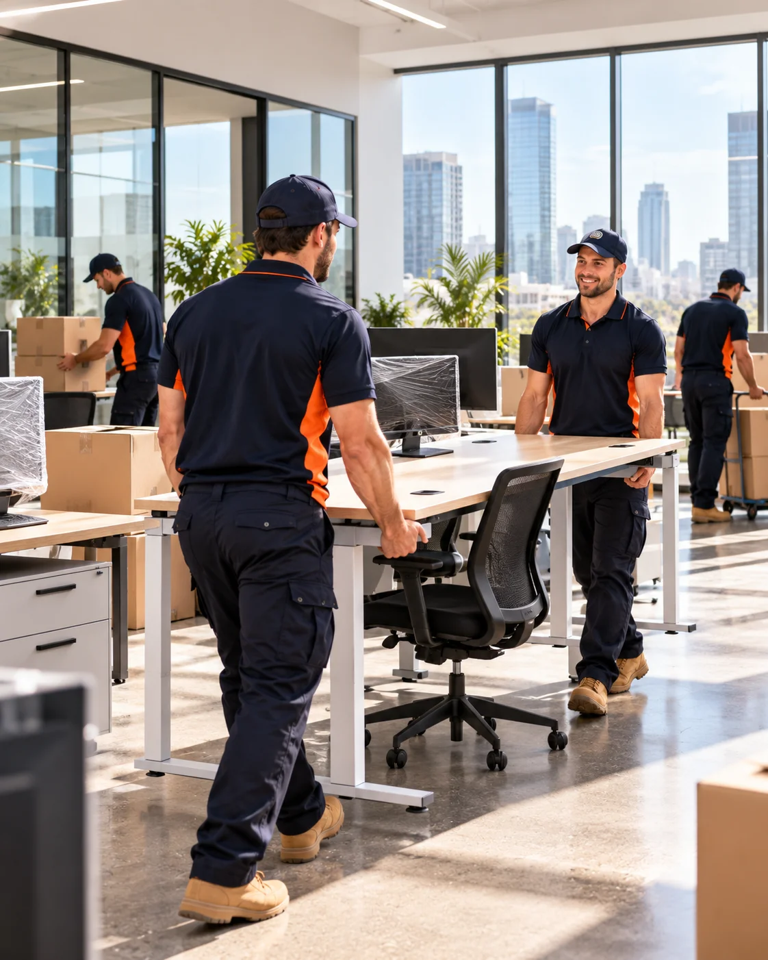 Professional removalists relocating office desks and equipment