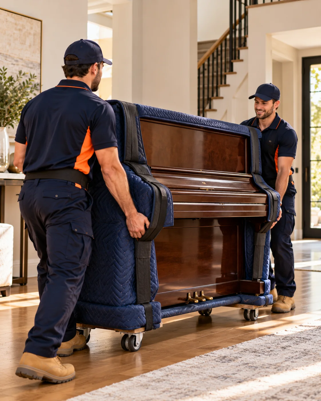 Professional removalists carefully moving a protected upright piano