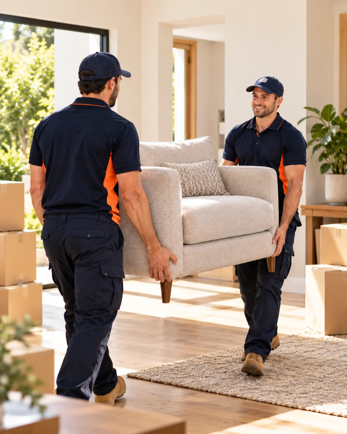 Professional removalists carrying an armchair during a furniture move