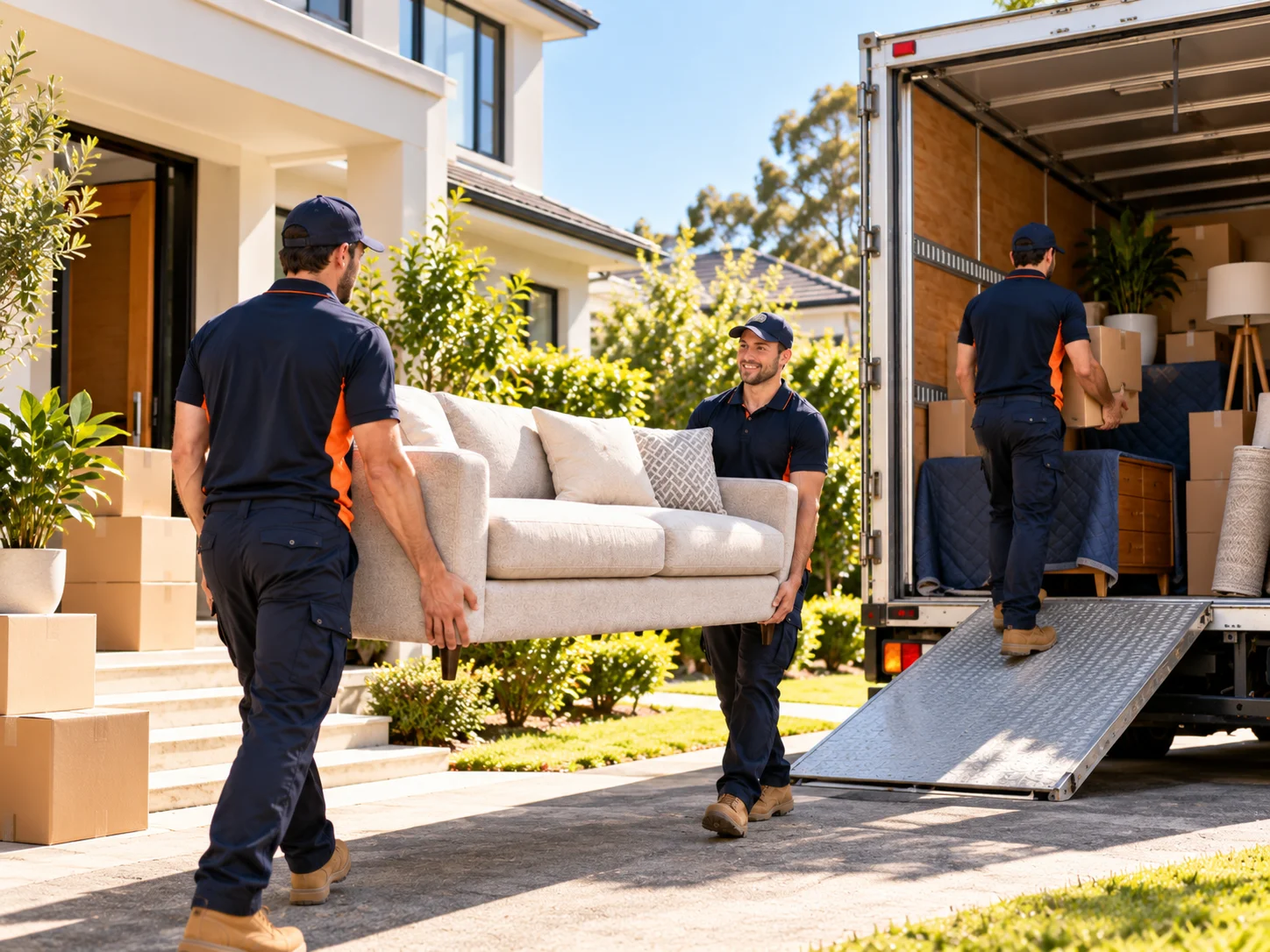 Professional removalists carrying a sofa from a home to a moving truck