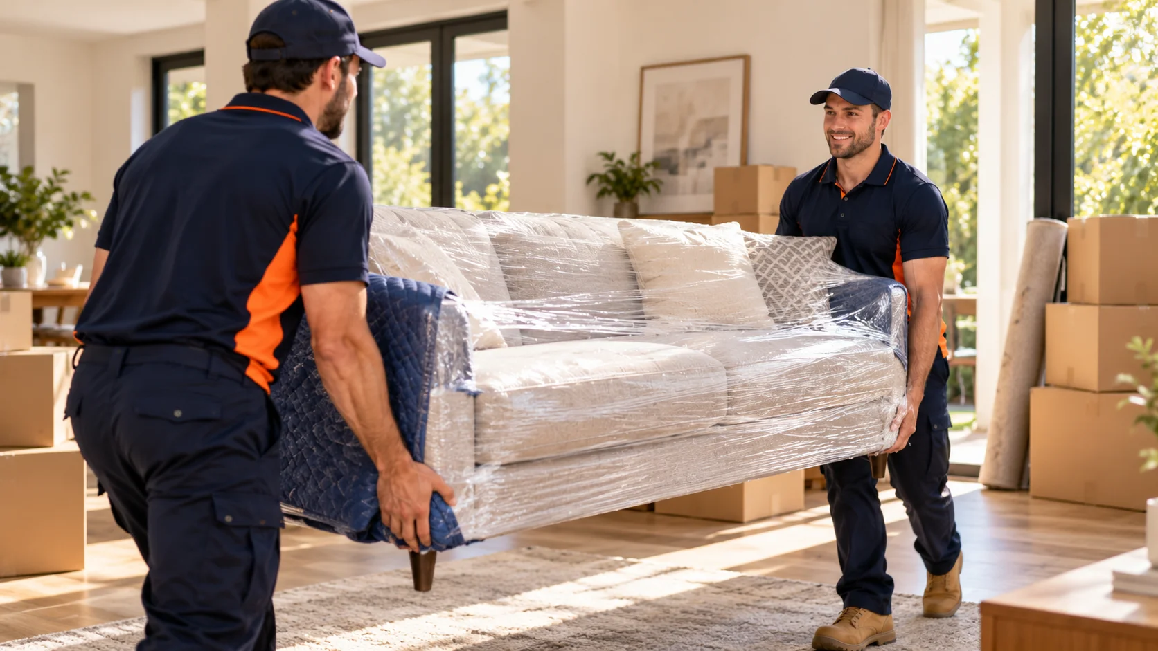 Professional removalists carefully carrying a protected sofa during a home move