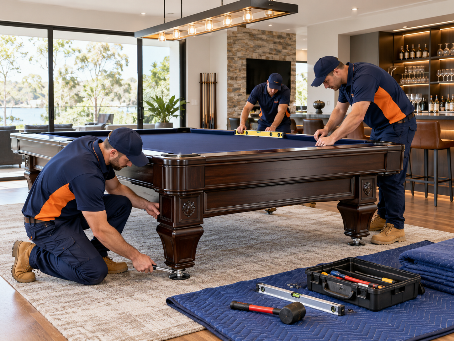 Professional removalists installing and levelling a slate pool table