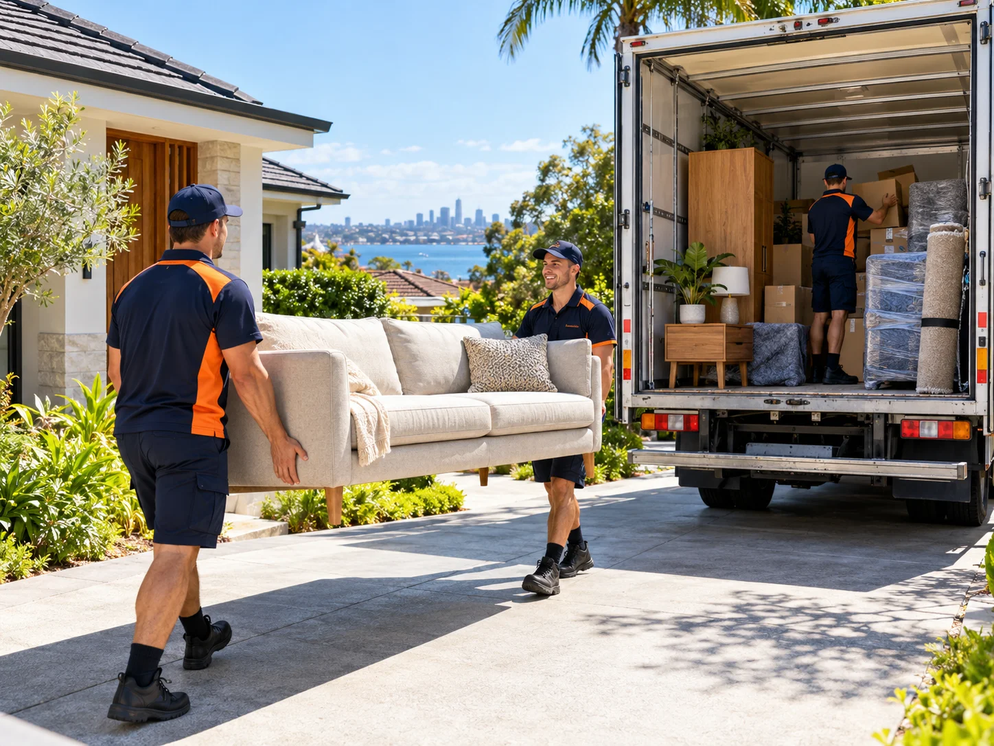 Professional removalists carrying a sofa from a house toward a loaded moving truck