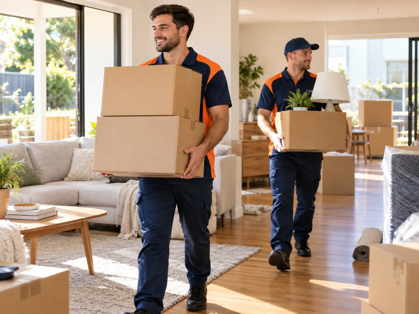 Removalists carrying packed boxes through a furnished home during a house move