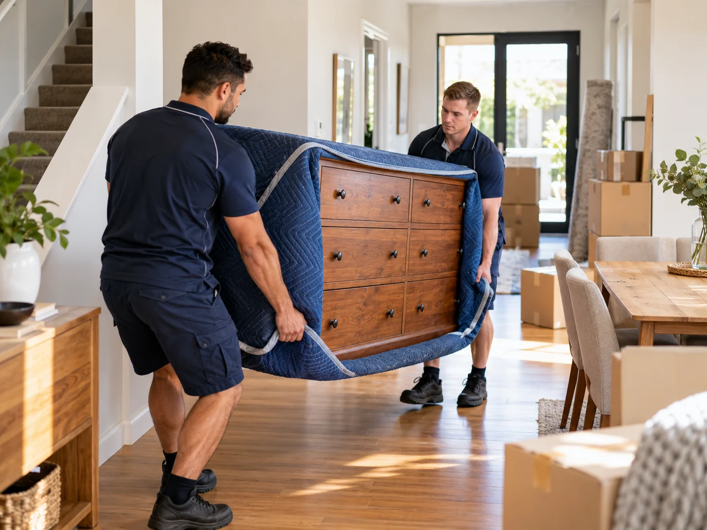 Removalists carrying a protected wooden cupboard through a home