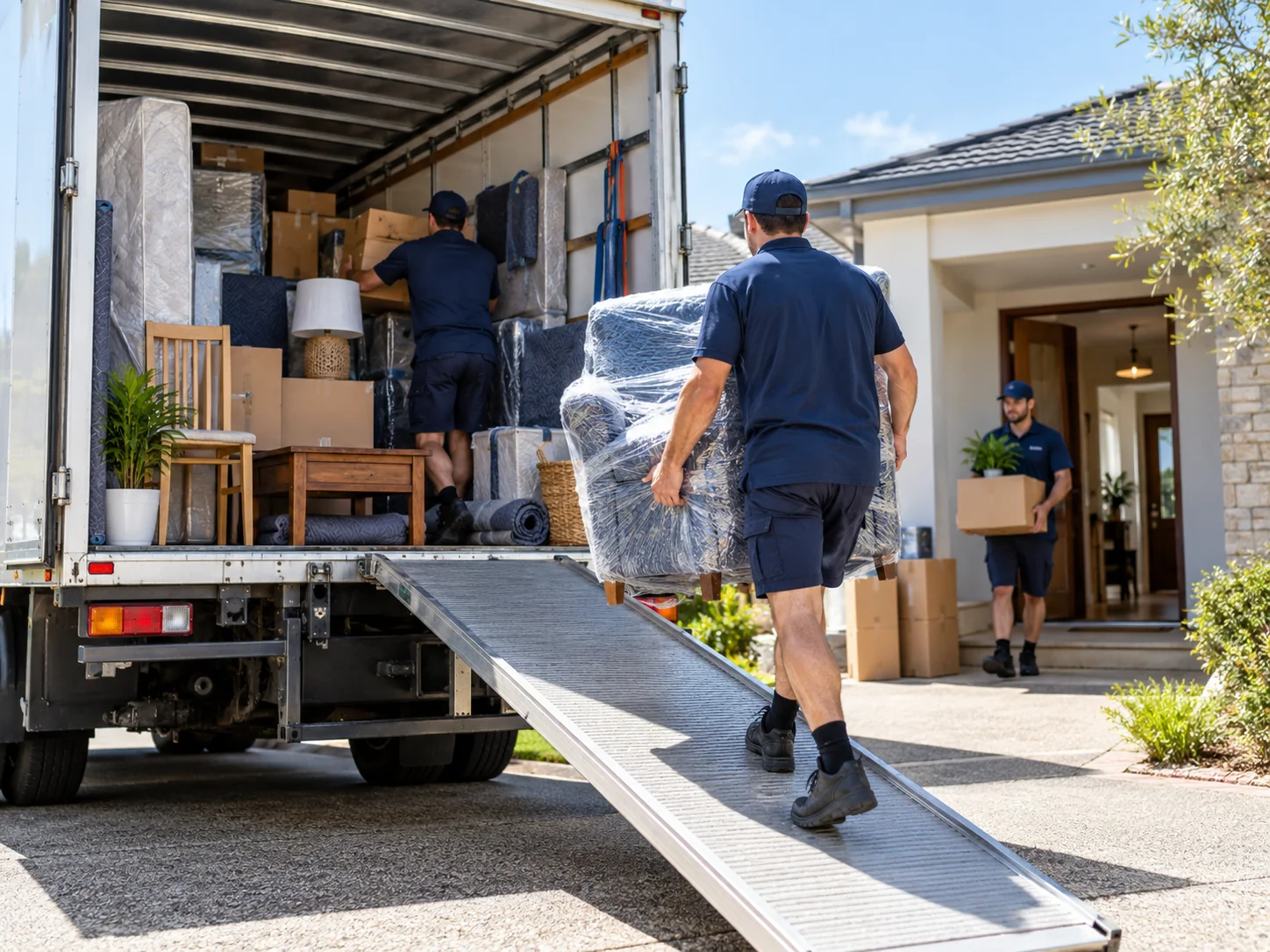 Removalist carrying protected household furniture up a truck ramp outside a home