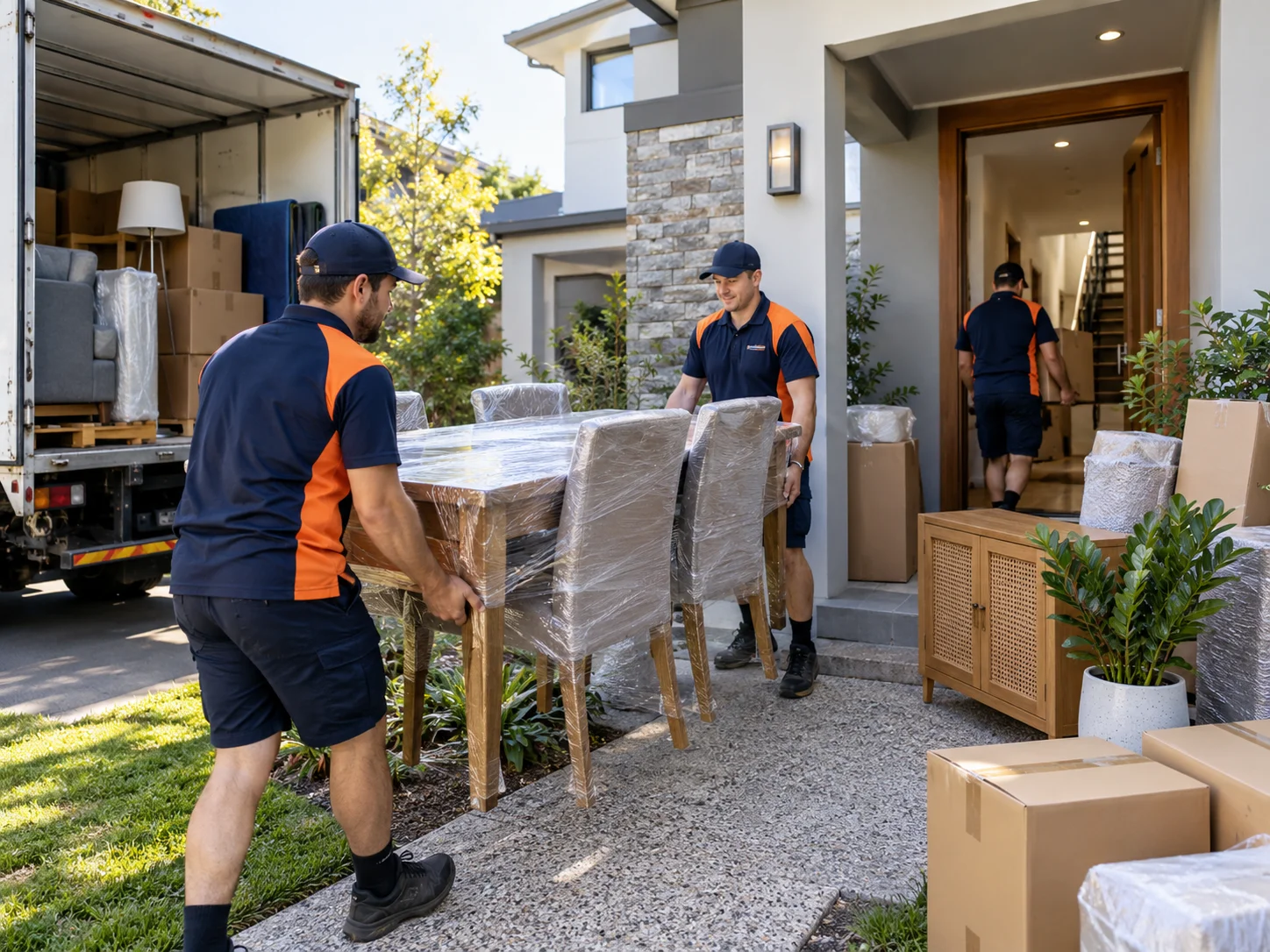 Removalists carrying a wrapped dining table and chairs during a house move