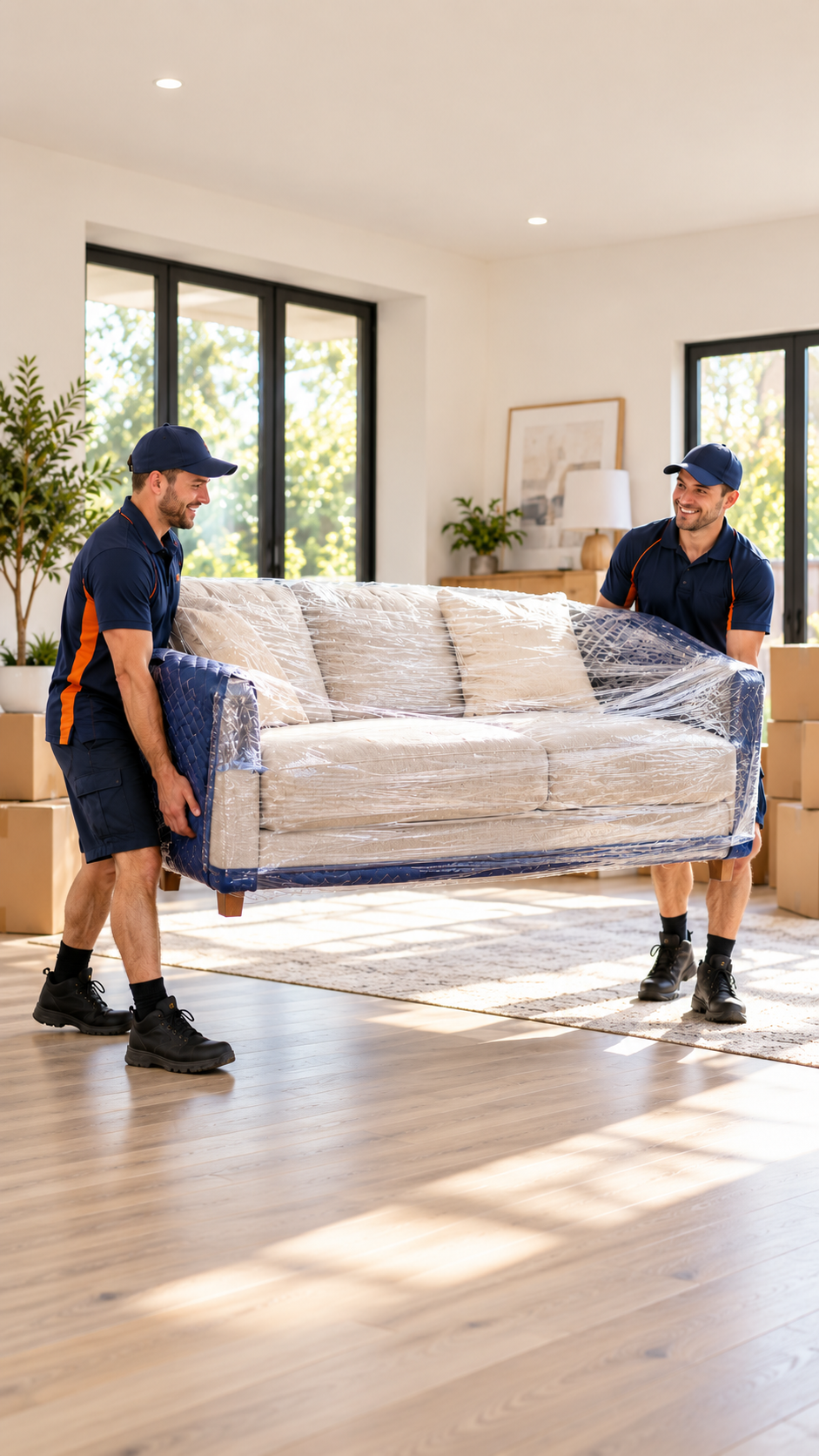 Professional removalists carrying a wrapped and protected sofa during a move